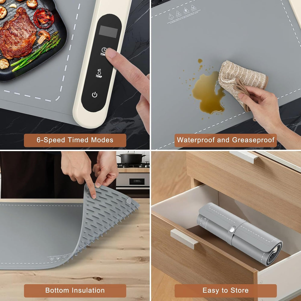 Food Warming Mat - Electric Warming Tray with 6 Temperature Settings and 6 Hours Timer, Full Surface Graphene Heating Food Warmer, Premium Rollable Heating Tray for Gatherings, Parties, Grey