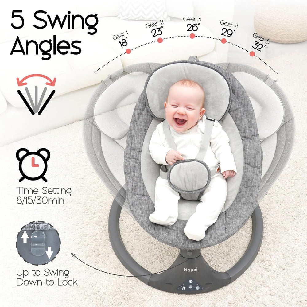 Electric Baby Swing for Infants – Bluetooth & Remote Control, 5 Speeds, 10 Music Modes, Adjustable Seat (0–9 Months, Gray)