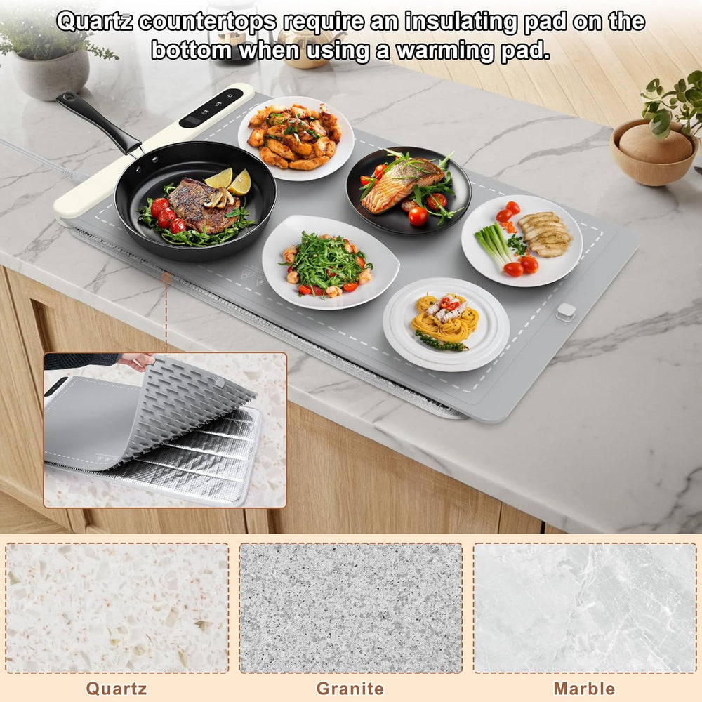Food Warming Mat - Electric Warming Tray with 6 Temperature Settings and 6 Hours Timer, Full Surface Graphene Heating Food Warmer, Premium Rollable Heating Tray for Gatherings, Parties, Grey