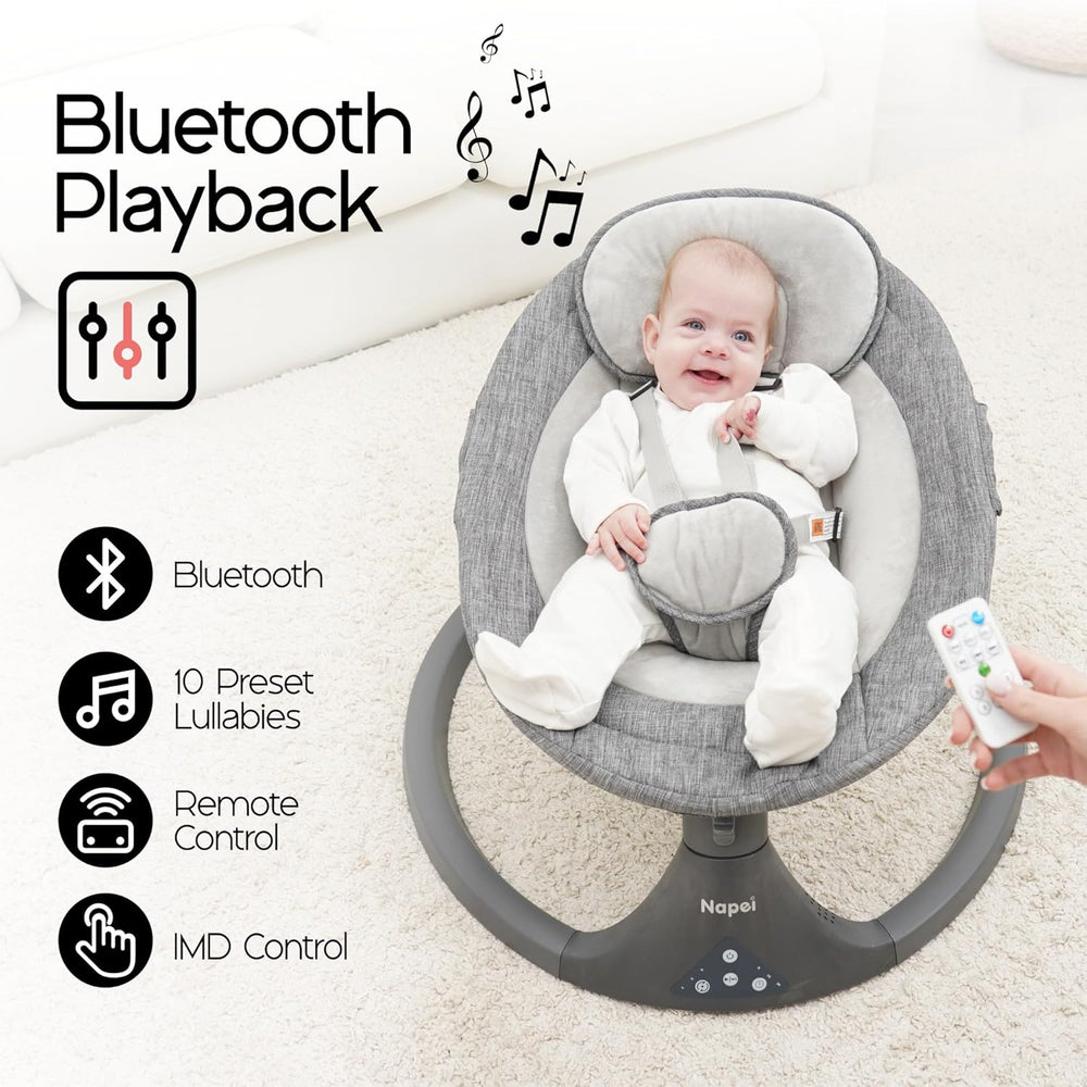Electric Baby Swing for Infants – Bluetooth & Remote Control, 5 Speeds, 10 Music Modes, Adjustable Seat (0–9 Months, Gray)