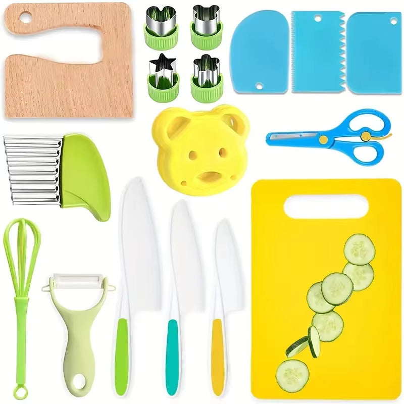 17PCS Kids Cooking Set – Kitchen Toys with Safe Knives & DIY Plastic Accessories for Toddlers