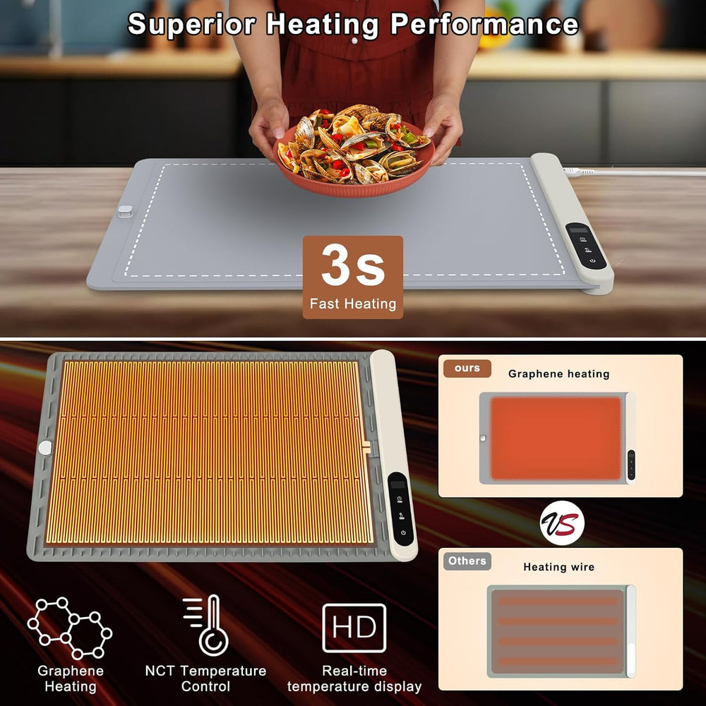 Food Warming Mat - Electric Warming Tray with 6 Temperature Settings and 6 Hours Timer, Full Surface Graphene Heating Food Warmer, Premium Rollable Heating Tray for Gatherings, Parties, Grey