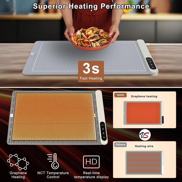 Food Warming Mat - Electric Warming Tray with 6 Temperature Settings and 6 Hours Timer, Full Surface Graphene Heating Food Warmer, Premium Rollable Heating Tray for Gatherings, Parties, Grey