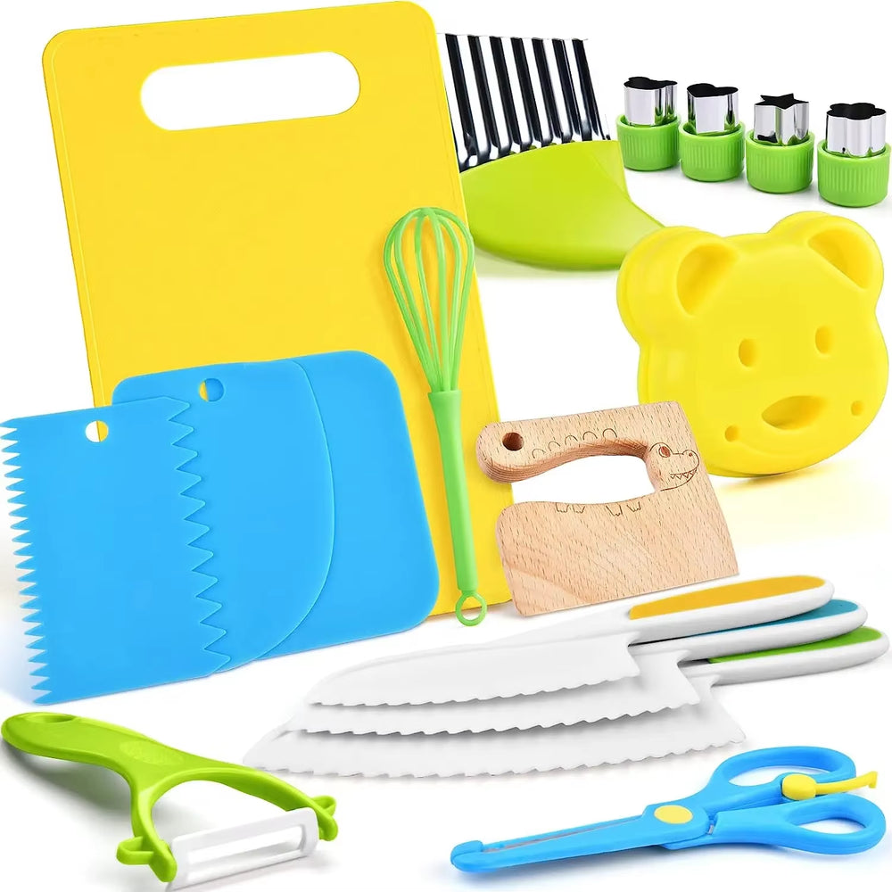 17PCS Kids Cooking Set – Kitchen Toys with Safe Knives & DIY Plastic Accessories for Toddlers