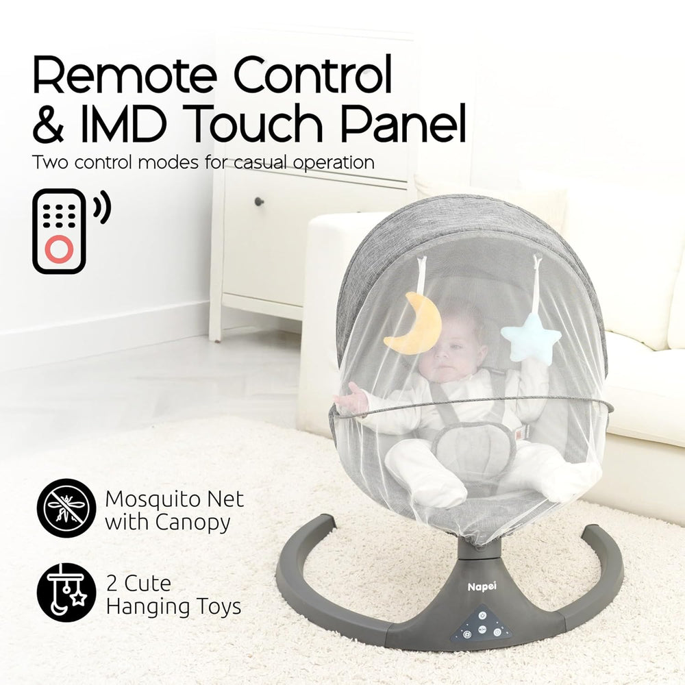 Electric Baby Swing for Infants – Bluetooth & Remote Control, 5 Speeds, 10 Music Modes, Adjustable Seat (0–9 Months, Gray)