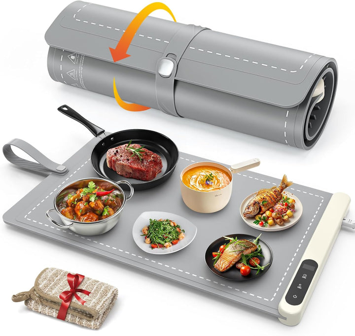Food Warming Mat - Electric Warming Tray with 6 Temperature Settings and 6 Hours Timer, Full Surface Graphene Heating Food Warmer, Premium Rollable Heating Tray for Gatherings, Parties, Grey