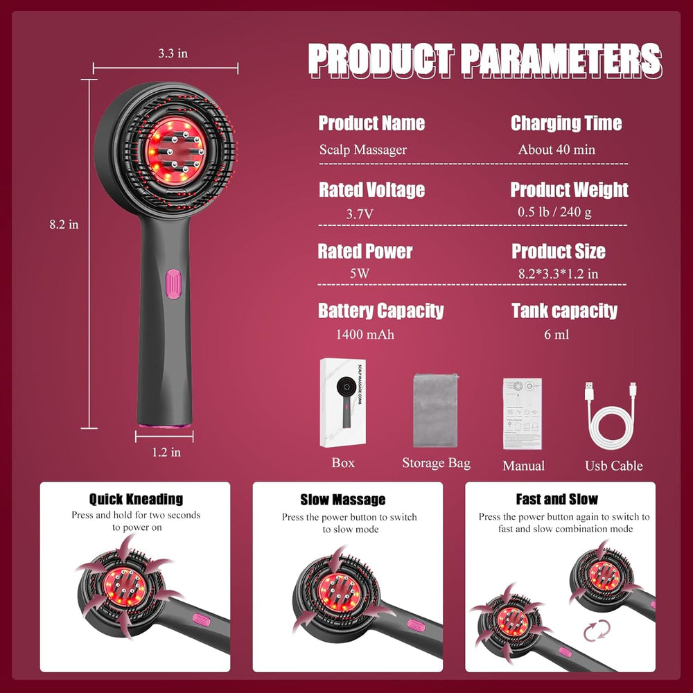 Red Hair Massager, Scalp Massager, Multi-Function Electric Scalp Massage Comb for Hair, Cordless Waterproof Oil Diffuser Massage Comb (Set Red)