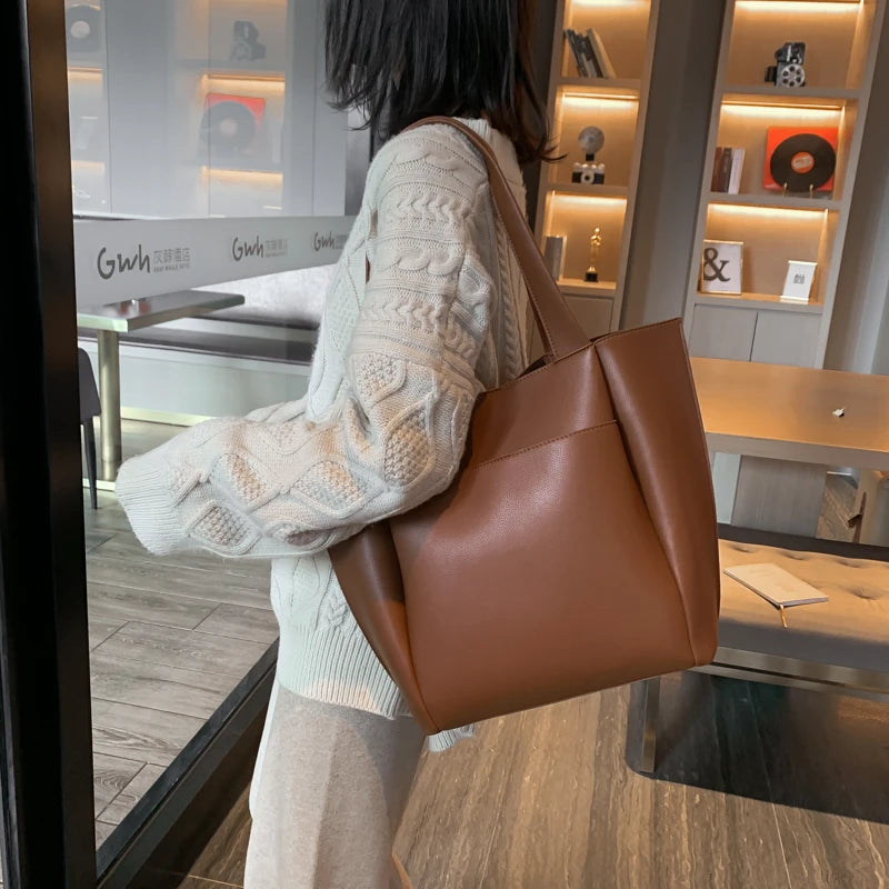 Women’s Soft Leather Tote Bag – Large Capacity Casual Shopper Handbag with Outer Pocket