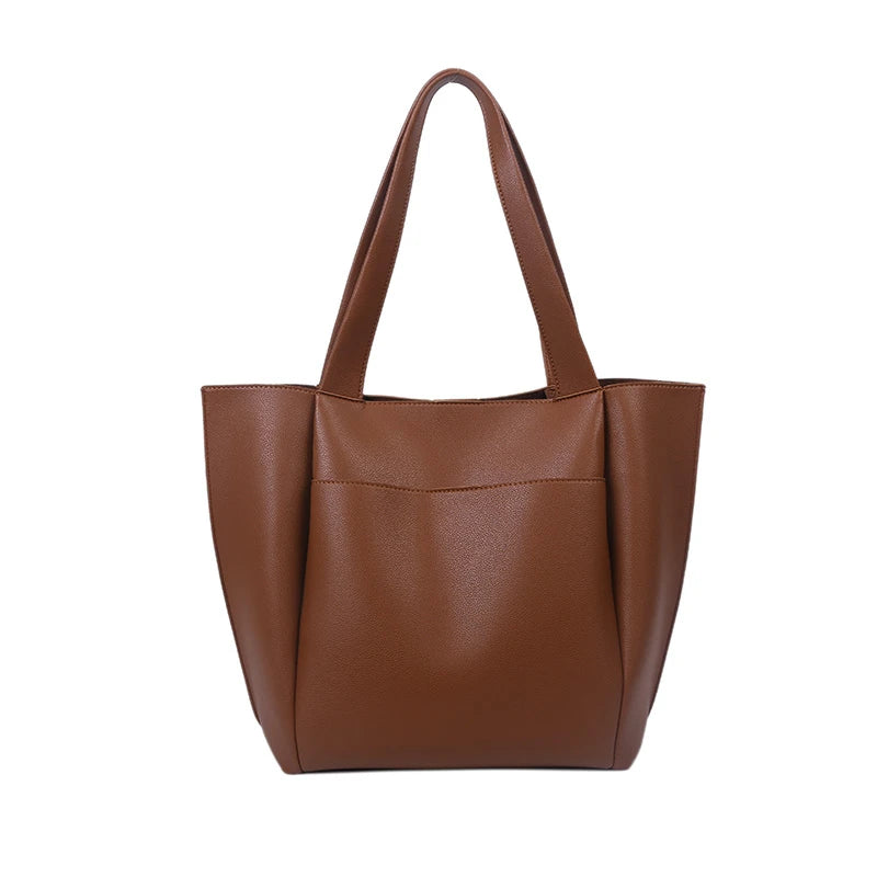 Women’s Soft Leather Tote Bag – Large Capacity Casual Shopper Handbag with Outer Pocket