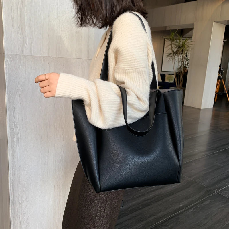 Women’s Soft Leather Tote Bag – Large Capacity Casual Shopper Handbag with Outer Pocket