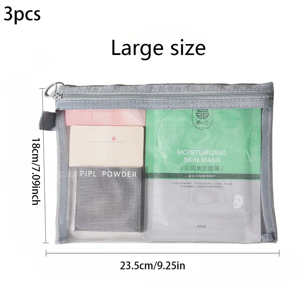 3-Size Nylon Mesh Makeup Bags – Waterproof Toiletry & Brush Organizer Pouches for Women