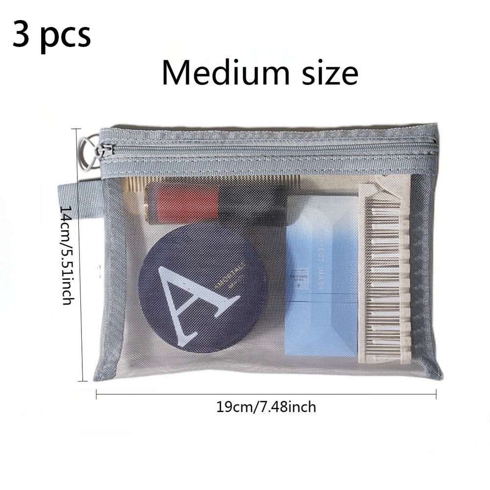 3-Size Nylon Mesh Makeup Bags – Waterproof Toiletry & Brush Organizer Pouches for Women