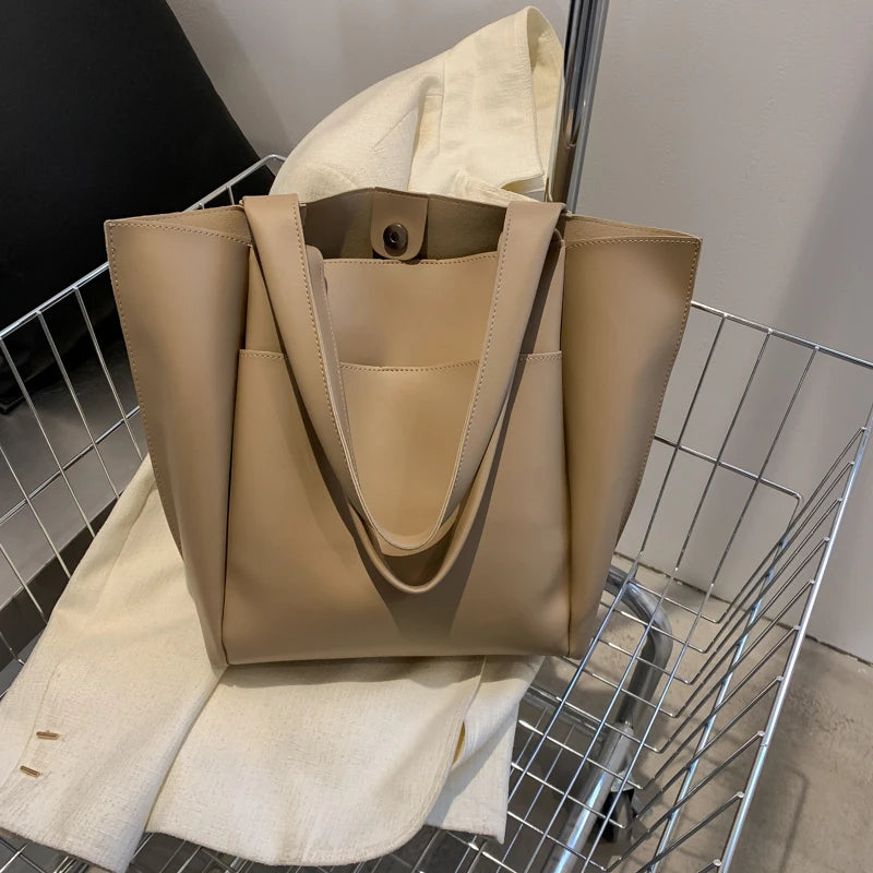 Women’s Soft Leather Tote Bag – Large Capacity Casual Shopper Handbag with Outer Pocket