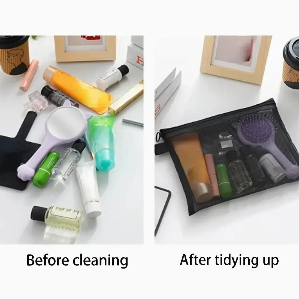 3-Size Nylon Mesh Makeup Bags – Waterproof Toiletry & Brush Organizer Pouches for Women