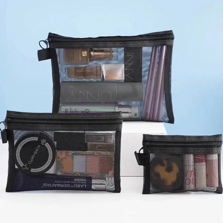 3-Size Nylon Mesh Makeup Bags – Waterproof Toiletry & Brush Organizer Pouches for Women