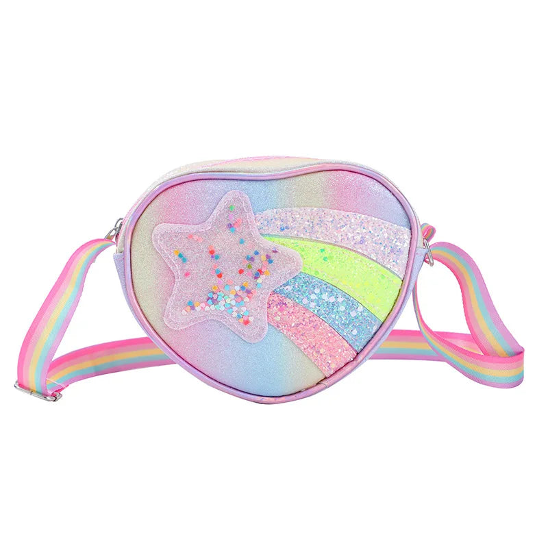 Rainbow Heart Kids Crossbody Bag – Cute Cartoon Coin Purse with Colorful Straps for Baby Girls