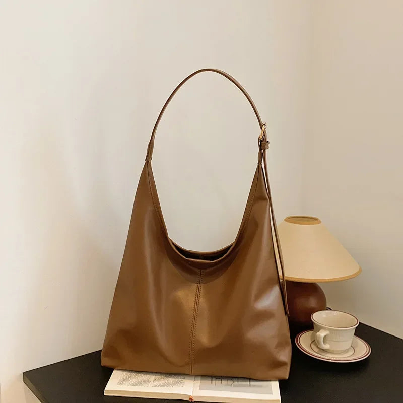 Women'S Large Vintage Tote - Solid Texture, Leather Effect Texture Versatile Tote Bag.