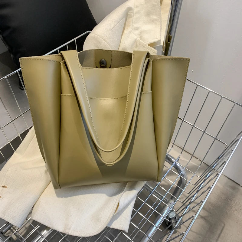 Women’s Soft Leather Tote Bag – Large Capacity Casual Shopper Handbag with Outer Pocket