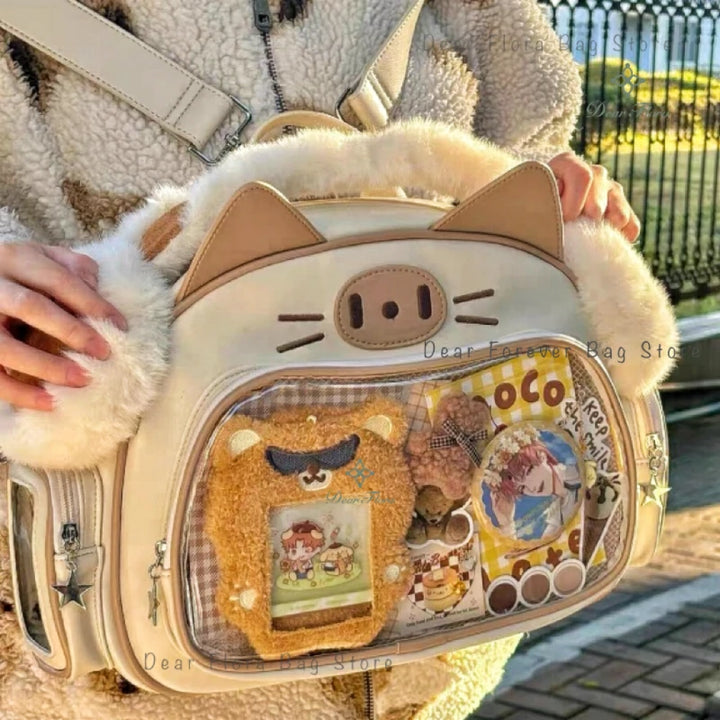 Korean Kawaii Cat  Bag – Cute PU Shoulder Bag with Transparent Pocket.