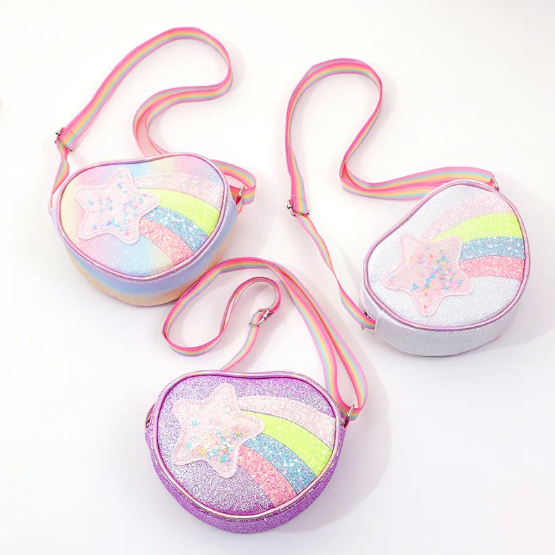 Rainbow Heart Kids Crossbody Bag – Cute Cartoon Coin Purse with Colorful Straps for Baby Girls