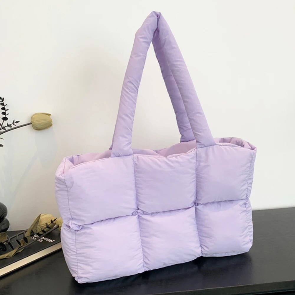 Women’s Puffer Shoulder Bag – Solid Color Quilted Cloud Tote, Large Capacity Soft Commuting Handbag