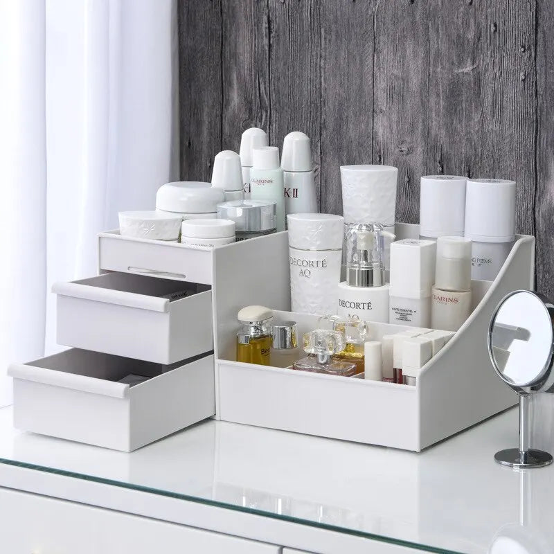 White Plastic Makeup Organizer – Drawer Storage Box for Cosmetics & Skincare