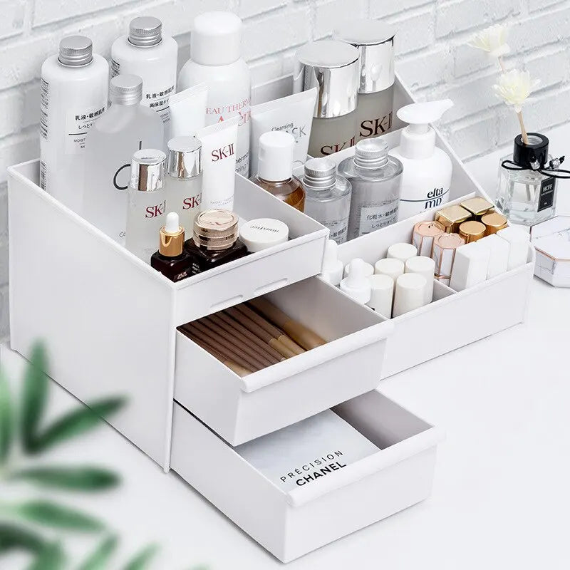 White Plastic Makeup Organizer – Drawer Storage Box for Cosmetics & Skincare