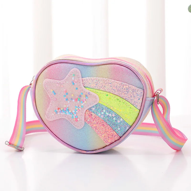 Rainbow Heart Kids Crossbody Bag – Cute Cartoon Coin Purse with Colorful Straps for Baby Girls