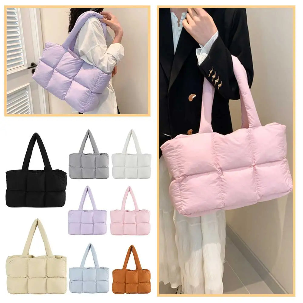 Women’s Puffer Shoulder Bag – Solid Color Quilted Cloud Tote, Large Capacity Soft Commuting Handbag