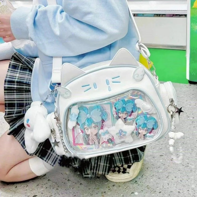 Korean Kawaii Cat  Bag – Cute PU Shoulder Bag with Transparent Pocket.