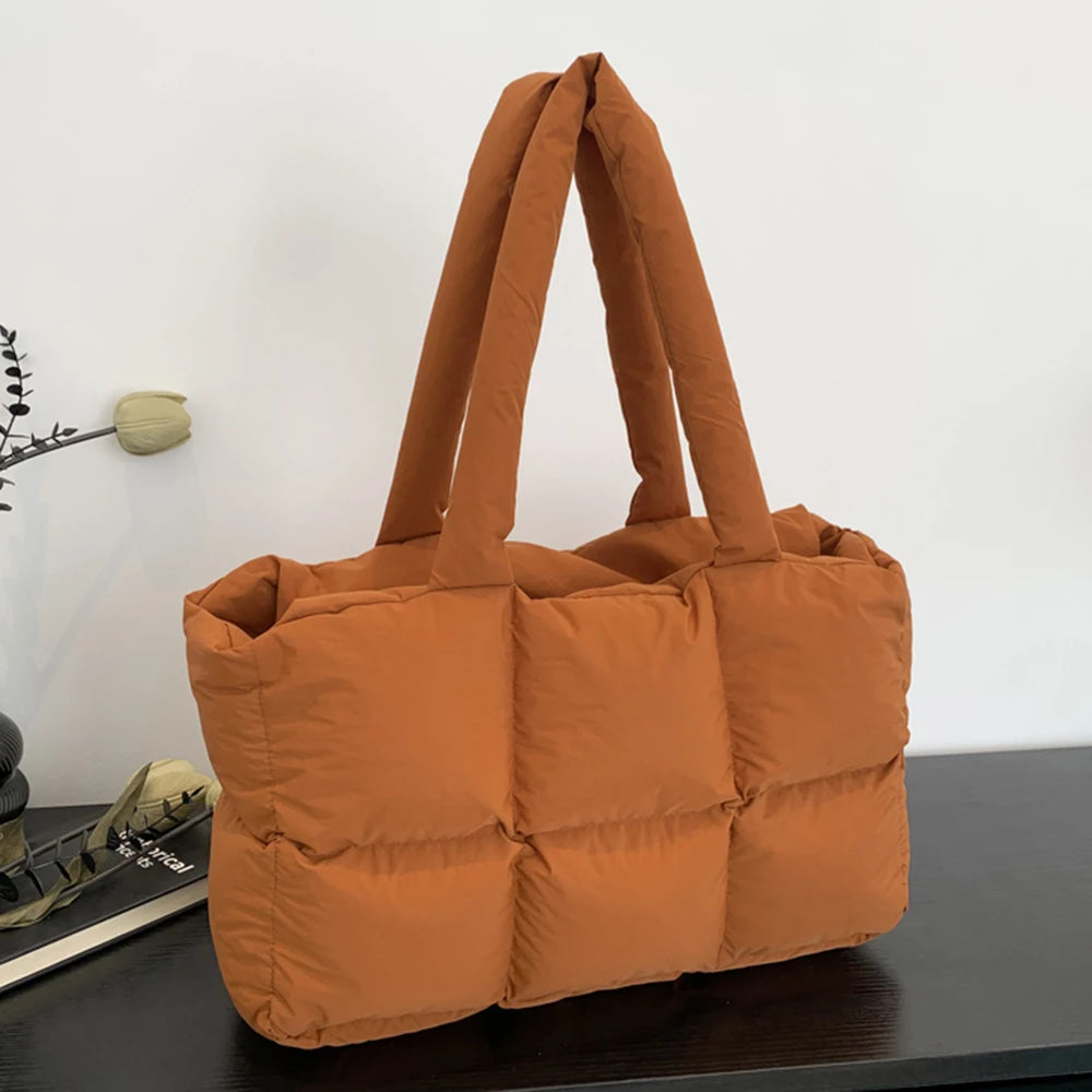 Women’s Puffer Shoulder Bag – Solid Color Quilted Cloud Tote, Large Capacity Soft Commuting Handbag