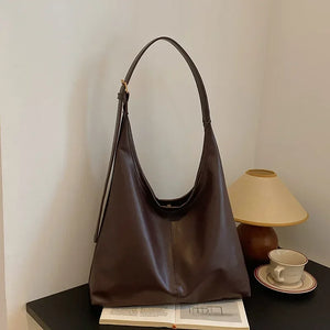 Women'S Large Vintage Tote - Solid Texture, Leather Effect Texture Versatile Tote Bag.