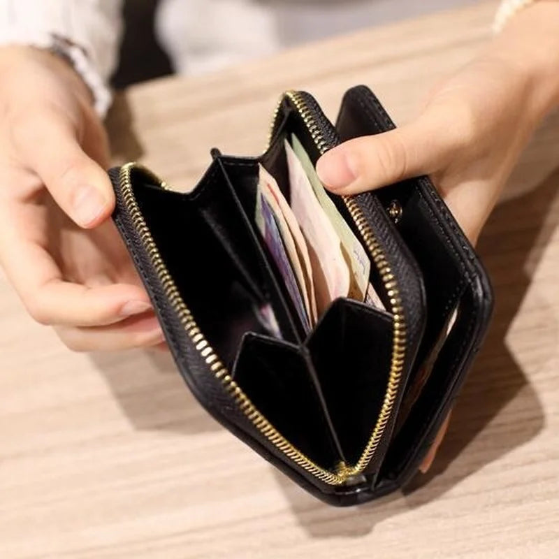 Women’s PU Leather Short Wallet – Luxury Plaid Nubuck Card Holder, Small Zipper Coin Purse