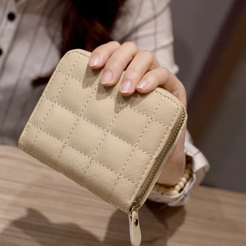 Women’s PU Leather Short Wallet – Luxury Plaid Nubuck Card Holder, Small Zipper Coin Purse