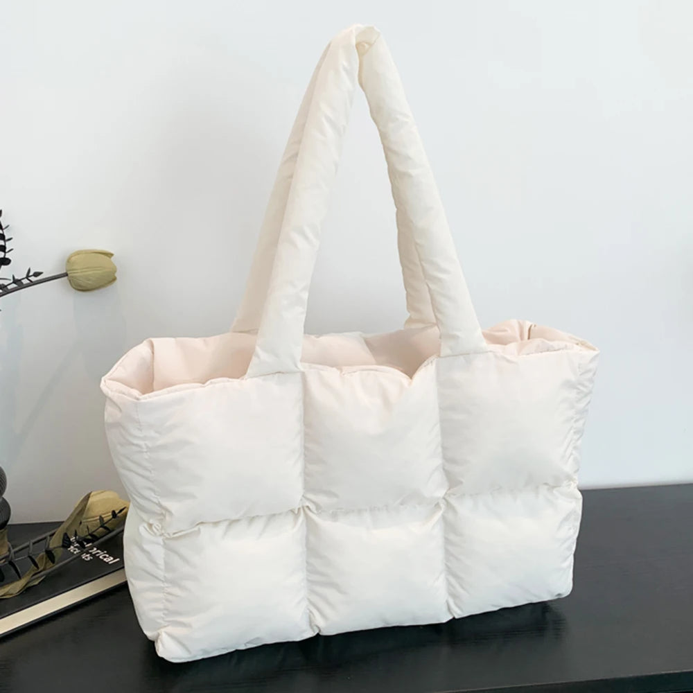 Women’s Puffer Shoulder Bag – Solid Color Quilted Cloud Tote, Large Capacity Soft Commuting Handbag