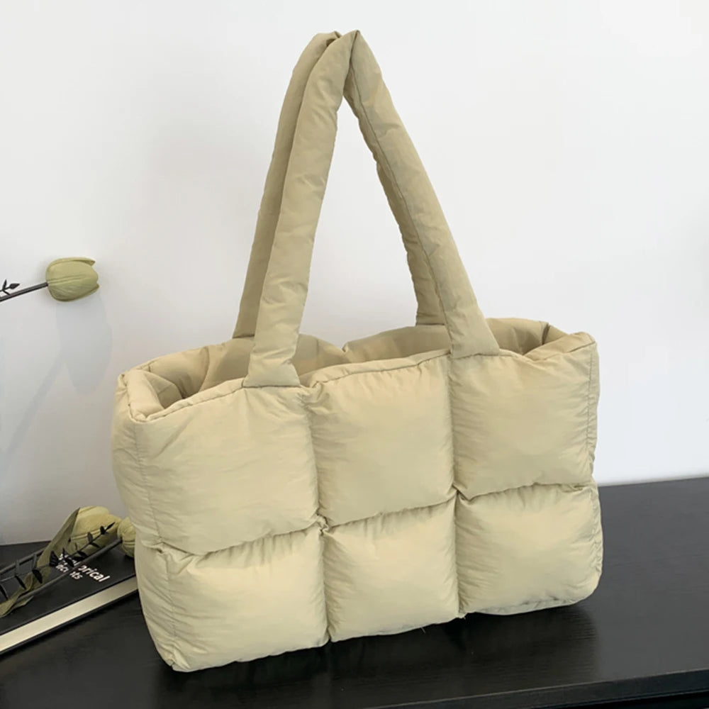 Women’s Puffer Shoulder Bag – Solid Color Quilted Cloud Tote, Large Capacity Soft Commuting Handbag