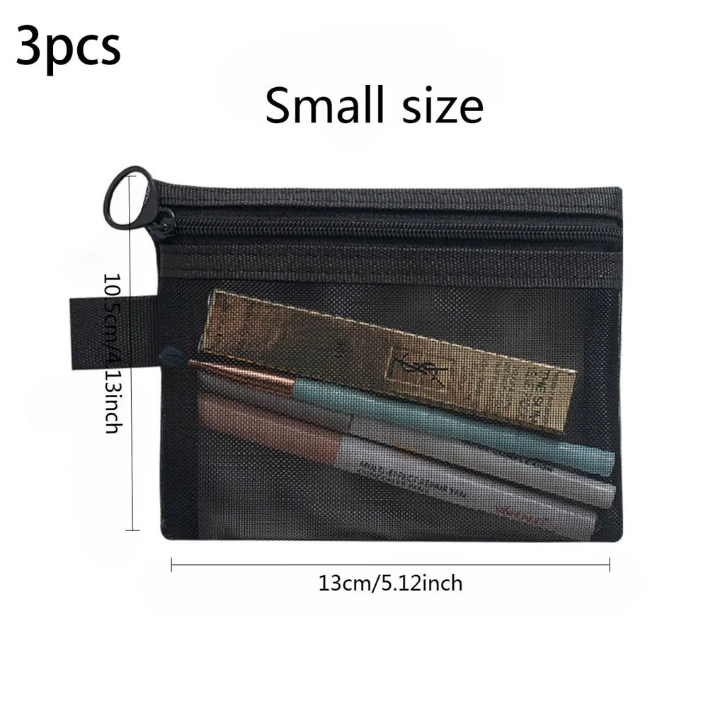 3-Size Nylon Mesh Makeup Bags – Waterproof Toiletry & Brush Organizer Pouches for Women