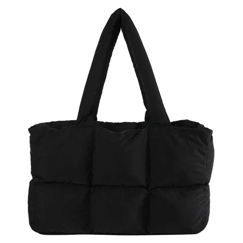 Women’s Puffer Shoulder Bag – Solid Color Quilted Cloud Tote, Large Capacity Soft Commuting Handbag