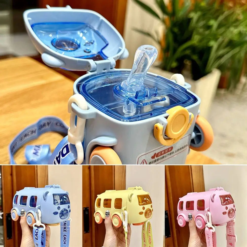 "Cartoon Bus Straw Cup – Large Capacity Kids Water Bottle with Bounce Straw"