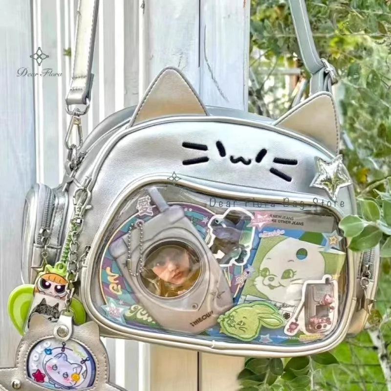 Korean Kawaii Cat  Bag – Cute PU Shoulder Bag with Transparent Pocket.