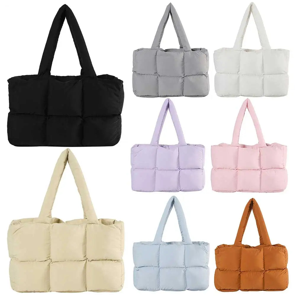 Women’s Puffer Shoulder Bag – Solid Color Quilted Cloud Tote, Large Capacity Soft Commuting Handbag
