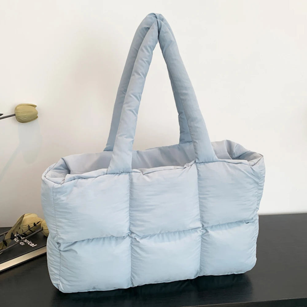 Women’s Puffer Shoulder Bag – Solid Color Quilted Cloud Tote, Large Capacity Soft Commuting Handbag
