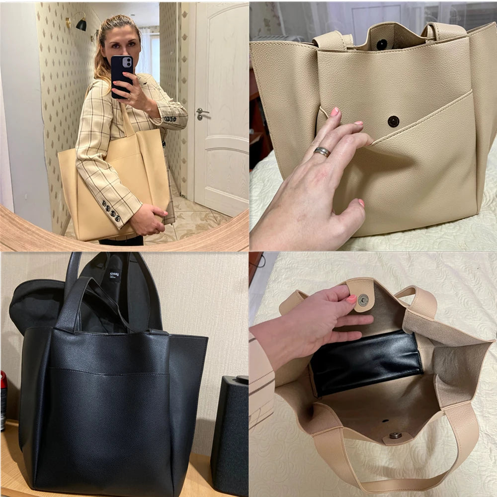 Women’s Soft Leather Tote Bag – Large Capacity Casual Shopper Handbag with Outer Pocket