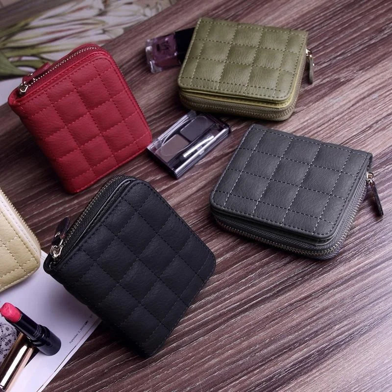 Women’s PU Leather Short Wallet – Luxury Plaid Nubuck Card Holder, Small Zipper Coin Purse
