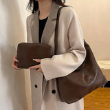 Women'S Large Vintage Tote - Solid Texture, Leather Effect Texture Versatile Tote Bag.