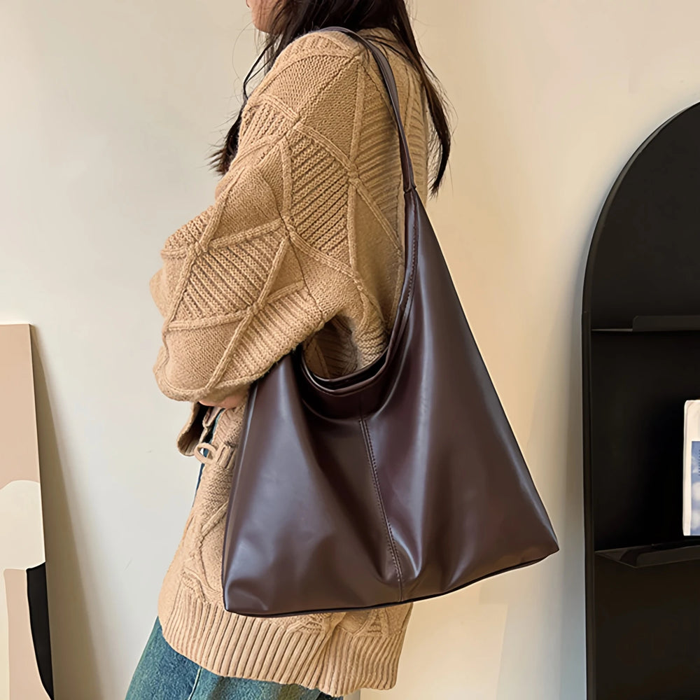 Women'S Large Vintage Tote - Solid Texture, Leather Effect Texture Versatile Tote Bag.