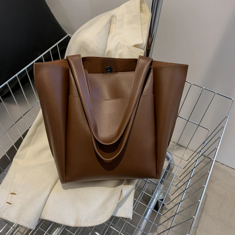 Women’s Soft Leather Tote Bag – Large Capacity Casual Shopper Handbag with Outer Pocket