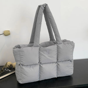 Women’s Puffer Shoulder Bag – Solid Color Quilted Cloud Tote, Large Capacity Soft Commuting Handbag