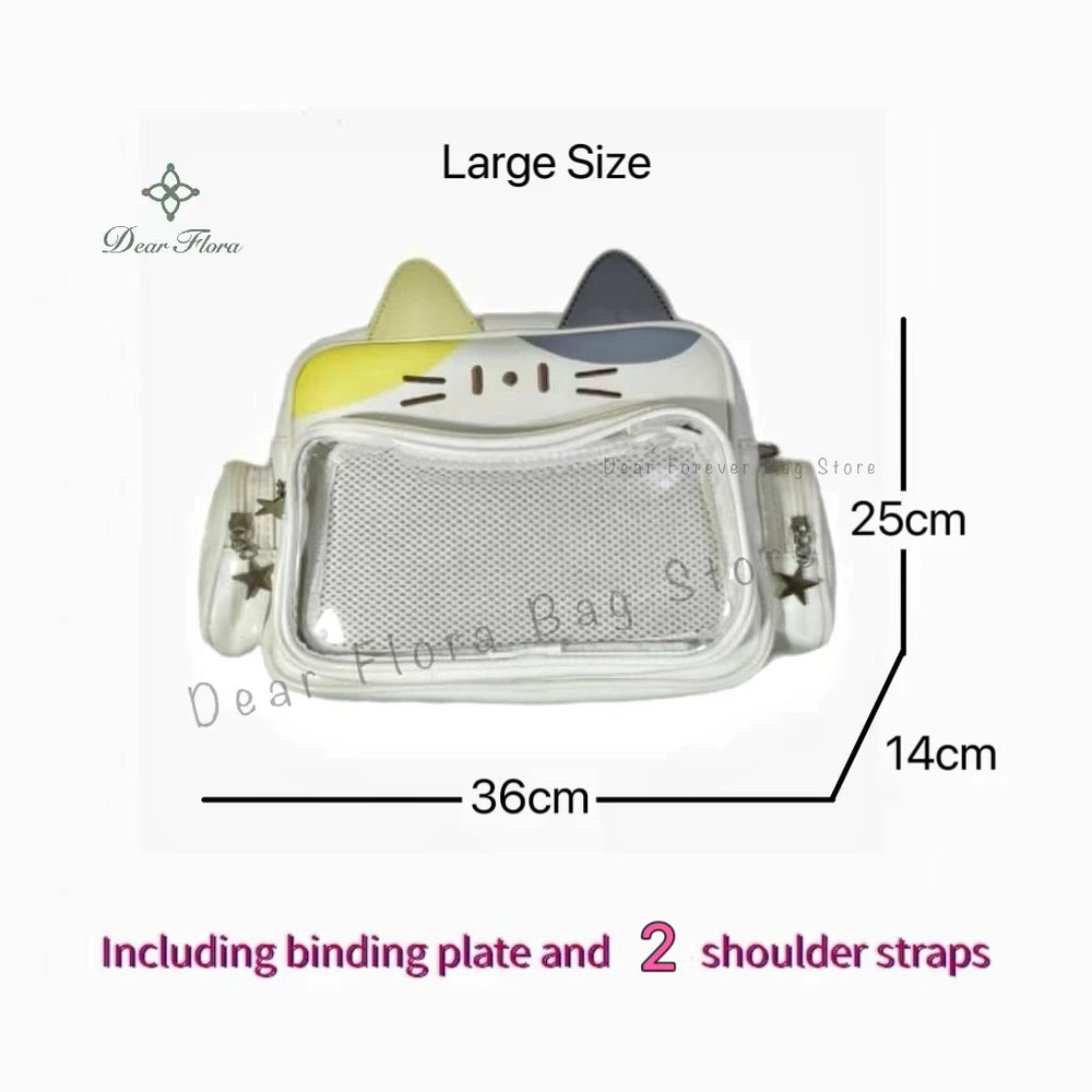 Korean Kawaii Cat  Bag – Cute PU Shoulder Bag with Transparent Pocket.
