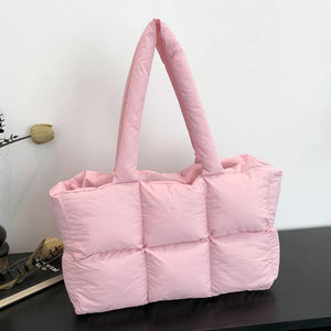 Women’s Puffer Shoulder Bag – Solid Color Quilted Cloud Tote, Large Capacity Soft Commuting Handbag